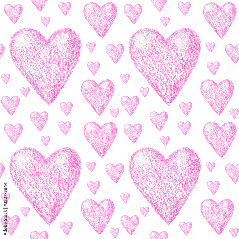 beautiful seamless pattern of pink hearts. illustration drawn with colored pencils, pastels