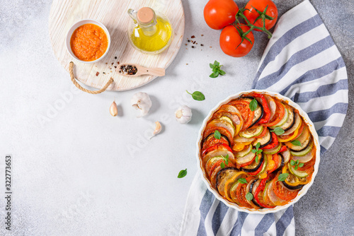 Ratatouille. Traditional french homemade vegetable dish. Vegetarian food. Copy space, top view. Menu, recipe