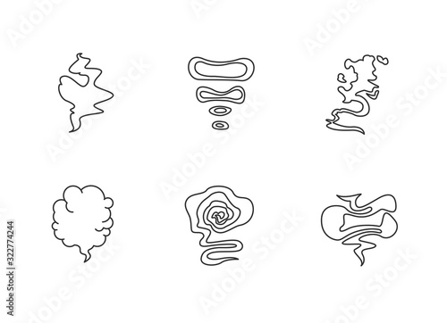 Odor pixel perfect linear icons set. Smell from hookah. Aroma from cannabis. Cigarette stream. Bad scent. Customizable thin line contour symbols. Isolated vector outline illustrations. Editable stroke