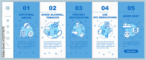 Influenza virus onboarding vector template. Prevent dehydration. Wear surgical mask. Healthcare. Responsive mobile website with icons. Webpage walkthrough step screens. RGB color concept
