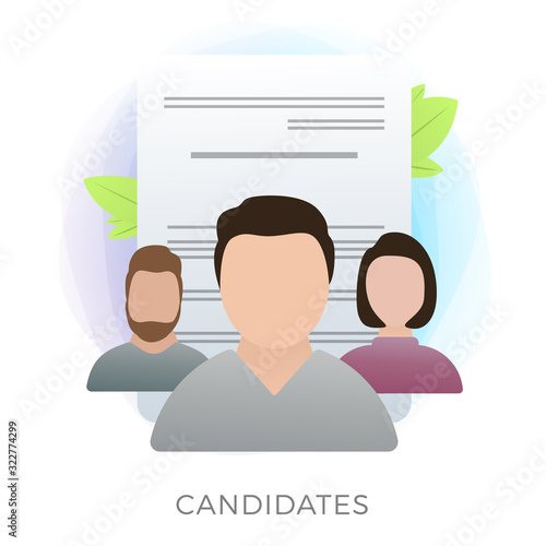 Different job search candidates flat vector icon with CV resumes on the background. Headhunter chooses and hiring the best employee. Recruitment and HR headhunting agency concept