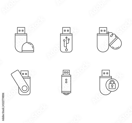 USB flash drive pixel perfect linear icons set. Compact data storage device. Memory stick. Thumb drive. Customizable thin line contour symbols. Isolated vector outline illustrations. Editable stroke