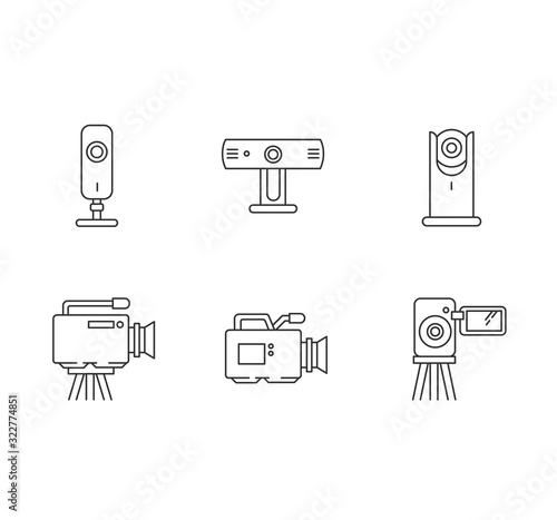 Webcams pixel perfect linear icons set. Digital video cameras. Online chatting, conference. Surveillance. Customizable thin line contour symbols. Isolated vector outline illustrations. Editable stroke