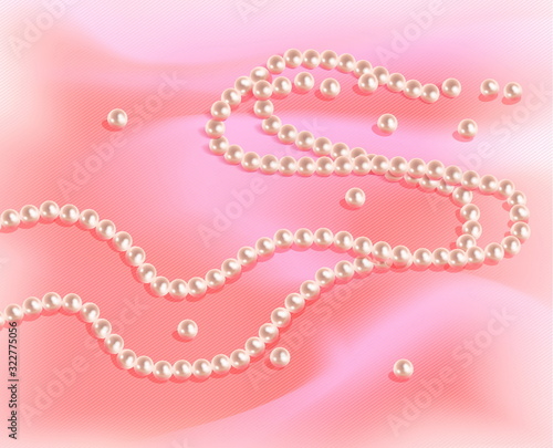 Torn pearl necklace on a pink silk. Vector illustration.