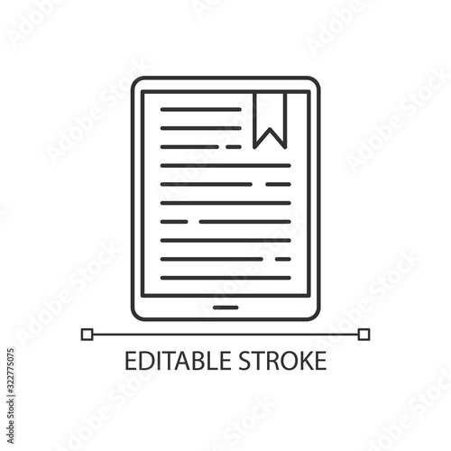 Handheld e-reader pixel perfect linear icon. E-book. Electronic book. Digital reading. Touchpad. Thin line customizable illustration. Contour symbol. Vector isolated outline drawing. Editable stroke