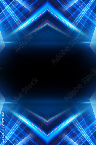 Fototapeta Naklejka Na Ścianę i Meble -  Abstract blue furutic background. Rays and lines, symmetrical reflection, blue neon. Abstract empty scene with beams and light of spotlights.