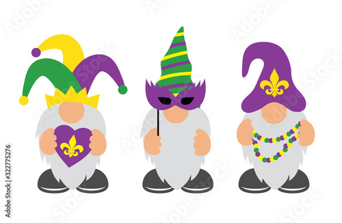 Mardi Gras Gnomes with mask, fleur de lis, & heart