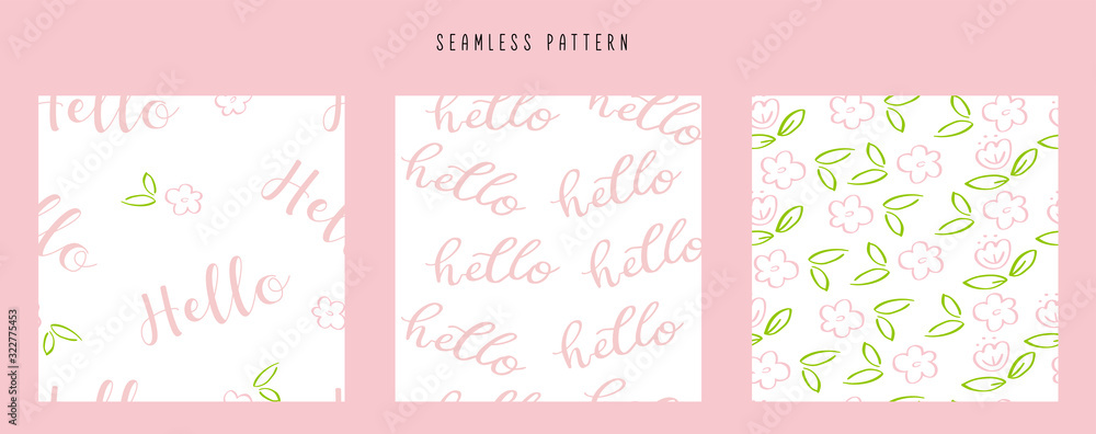 Set of elegant seamless patterns with hand drawn decorative spring flowers. Floral patterns for wedding invitations, greeting cards, scrapbooking, print, gift wrap, manufacturing.