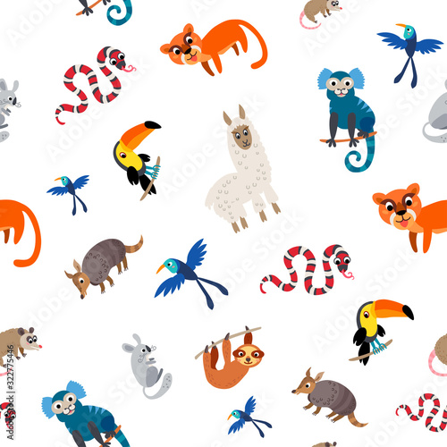 Wild South America animals seamless pattern in flat style