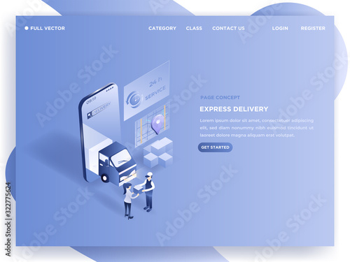 People giving and receiving the order of the shipping service via online in modern landing page for courier website. 3D isometric vector illustration