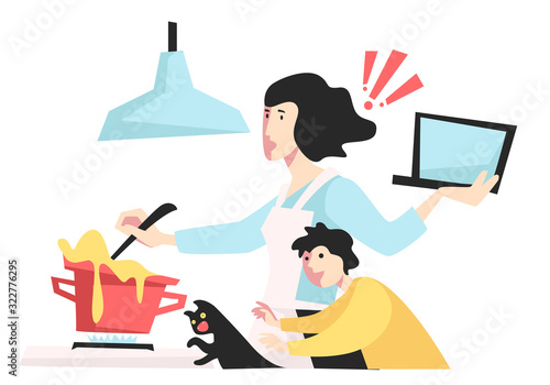 Woman in stress cooking and working while caring for child