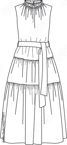 DRESS, Flat Fashion Sketches, apparel templates, shirred dress