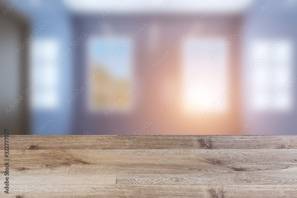 Empty interior with large window. Retro light bulb. The floor is of brown parquet. 3D rendering. wooden table. blurred background Empty interior with large window. Retro light bulb. The floor is of brown parquet. 3D rendering. wooden table. blurred background
