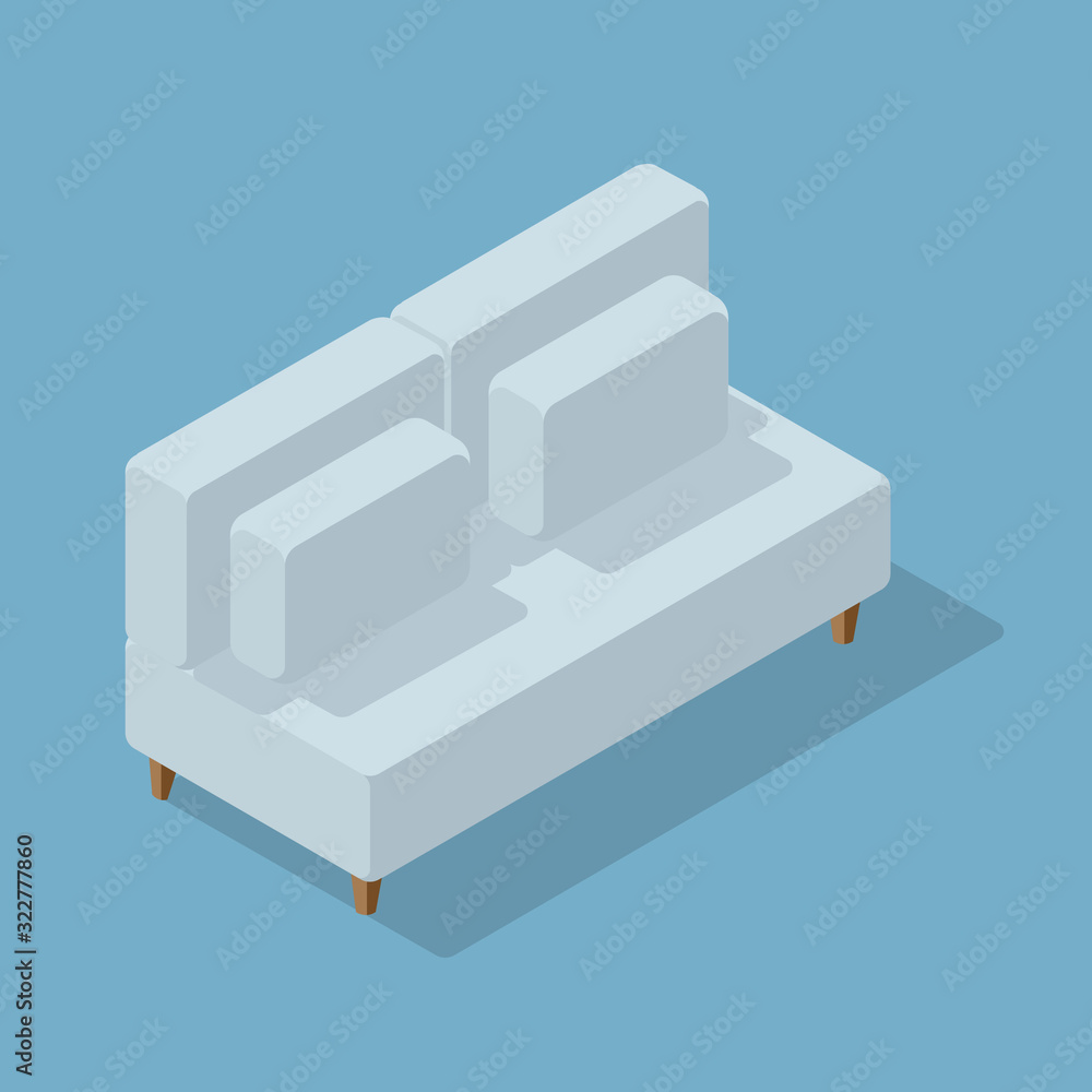 Scandinavia minimal interior. Isometric couch isolated on blue background. Norwegian living room design. Comfortable cozy home. Vector illustration Scandinavia minimal interior. Isometric couch isolated on blue background. Norwegian living room design. Comfortable cozy home. Vector illustration