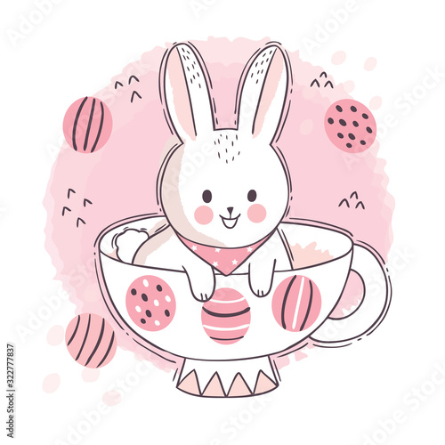 Cartoon cute Easter Day, White rabbit and coffee cup vector.