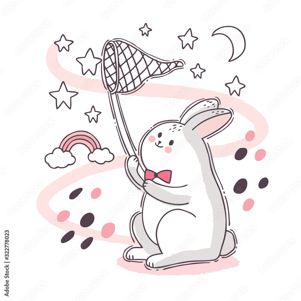 Cartoon cute adorable white rabbit catching star in the sky vector. Cartoon cute adorable white rabbit catching star in the sky vector.