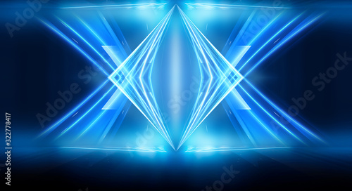 Abstract blue furutic background. Rays and lines, symmetrical reflection, blue neon. Abstract empty scene with beams and light of spotlights.