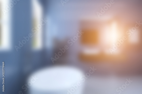 Unfocused, Blur phototography. Bathroom with large mirror, steel radiator and wide sinks.. Sunset. 3D rendering