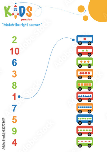 Learning numbers worksheet. Math worksheet match the right answer. Easy colorful worksheet for preschool, elementary and middle school kids. photo