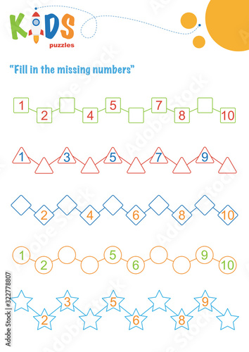 Fill in the missing numbers. Counting worksheet. Easy colorful math puzzles for preschool, elementary and middle school kids.
