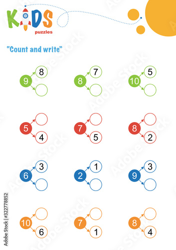 Fill in the missing numbers. Counting worksheet. Easy colorful math puzzles for preschool, elementary and middle school kids.