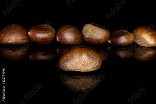 Wallpaper Mural Group of seven whole edible brown chestnut isolated on black glass Torontodigital.ca