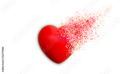 Fotografie Red heart dispersion photo retouch isolated on white background