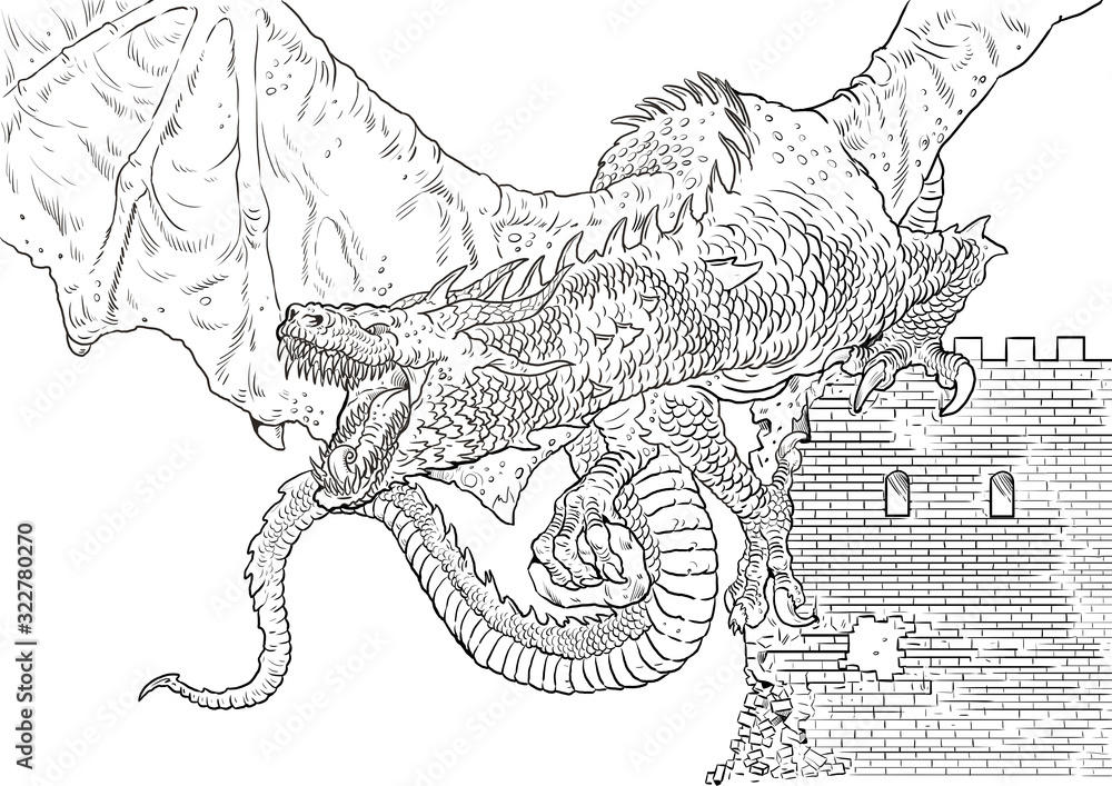 Dragon coloring page. Outline illustration. Dragon drawing coloring
