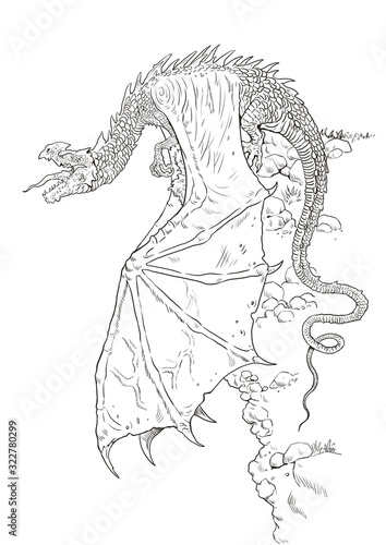 Dragon coloring page. Outline illustration. Dragon drawing coloring sheet. 