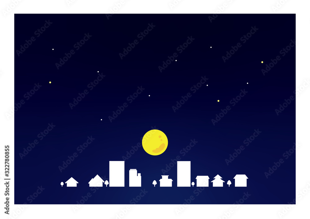 夜空　街と月　背景素材