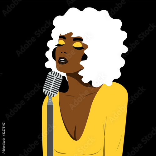 Girl with pop art style sings in blues style. Bright color illustration of a girl