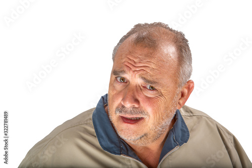 Disbelief expression portrait of a senior man isolated on white background