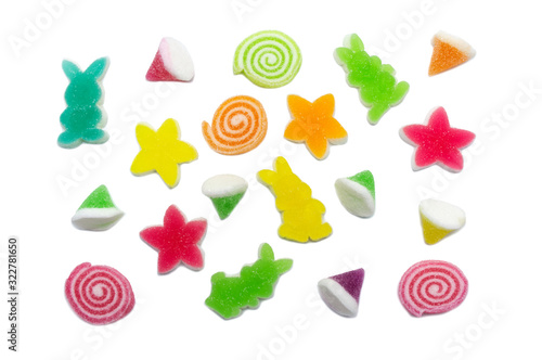 Assorted various bright candies colorful  gelatin jelly sweets, gummy sugary tasty. Soft gums viewed from above. Isolated on white background.