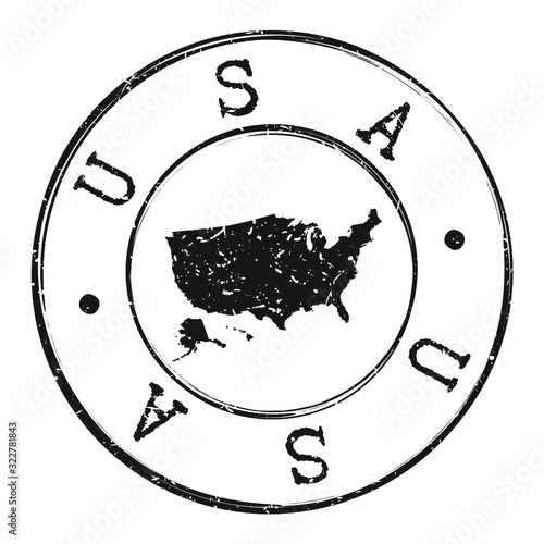 USA America Map Silhouette. Postal Passport Stamp Round Vector Icon.