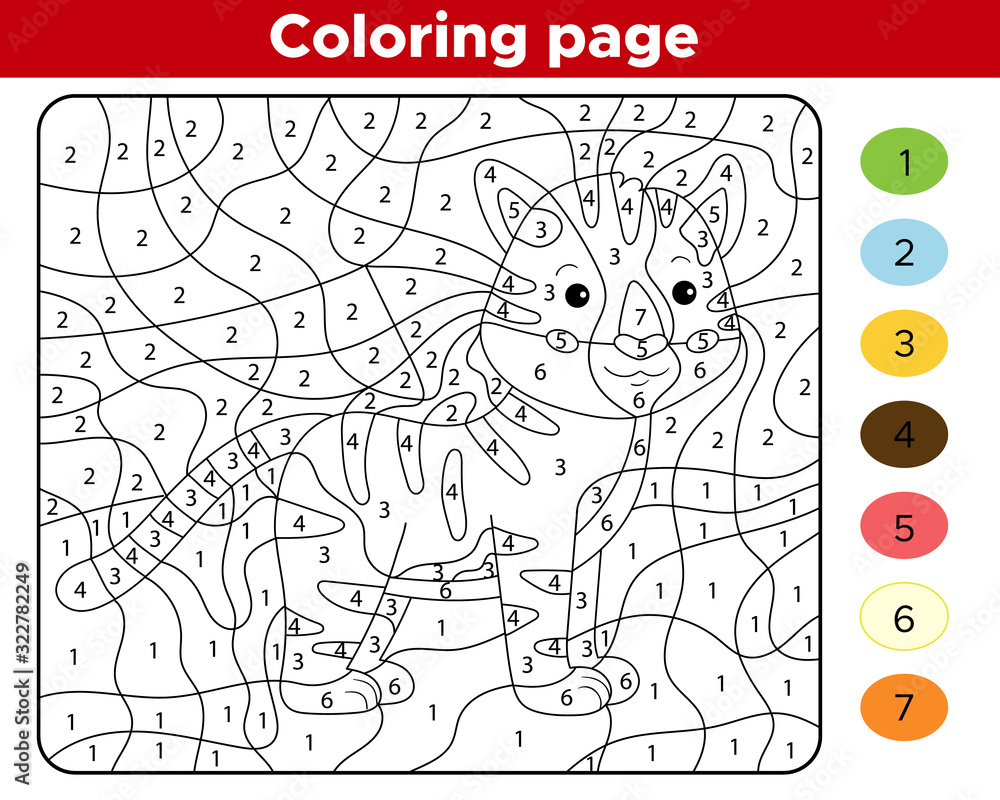 Number coloring page for children. Cute cartoon tiger. Jungle animals. Learn numbers and colors. Educational game.