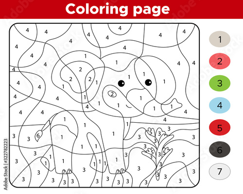 Number coloring page. Cute cartoon elephant. Educational game for preschool children. Learn numbers and colors.