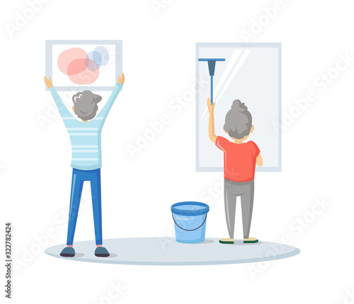 Elderly couple in household housekeeping activity. Housework. Household chores at home. Elderly man hangs picture on wall, woman wipes the dust at home on window cartoon vector