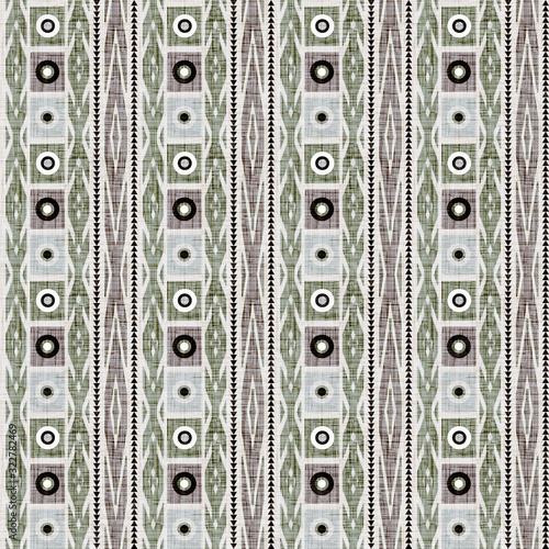 Seamless ethnic striped textured pattern. Gray, green background.