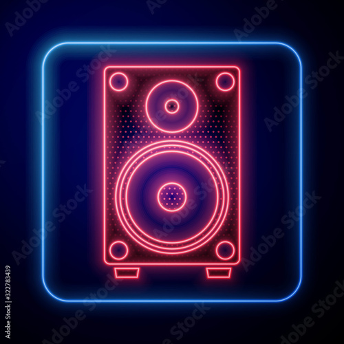 Glowing neon Stereo speaker icon isolated on blue background. Sound system speakers. Music icon. Musical column speaker bass equipment.  Vector Illustration