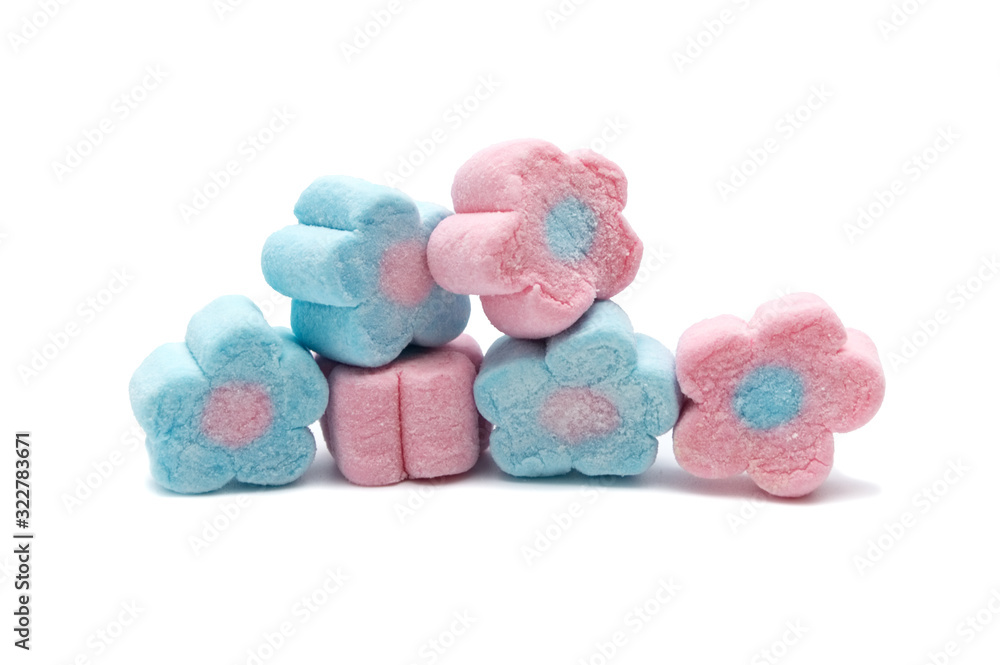 Pastel sweet flowers shape of marshmallows isolated on white background. Pastel sweet flowers shape of marshmallows isolated on white background.