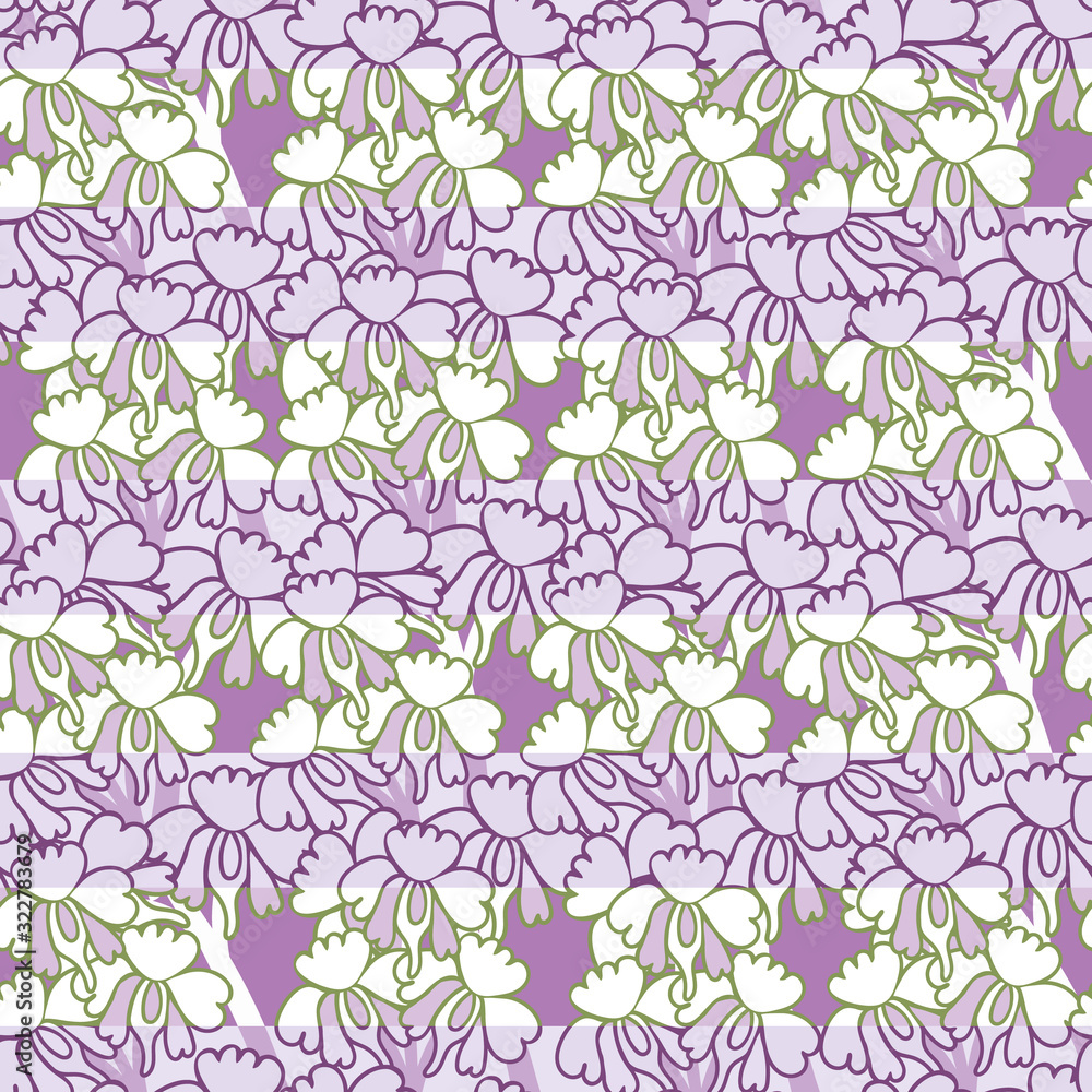 Graphic horizontal floral stripes seamless vector pattern in violet green and cream colors. Decoratie girly surface print design. Great for fabrics, cards, invitations and wrapping paper.