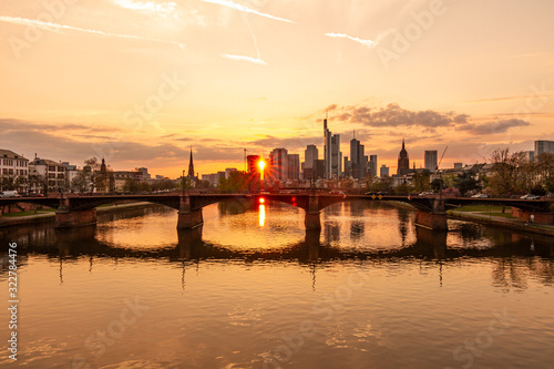 sunset on the river of Frankfurt, skyline view