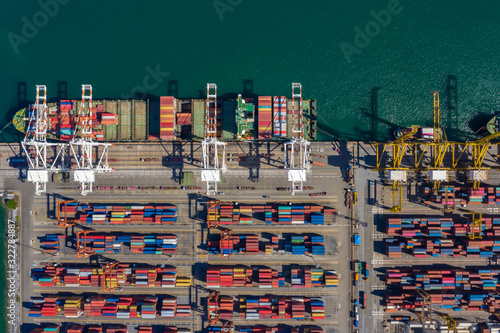 aerial top view containers terminal and shipping loading containers