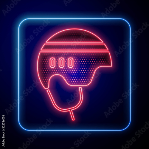 Photography Glowing neon Hockey helmet icon isolated on blue background