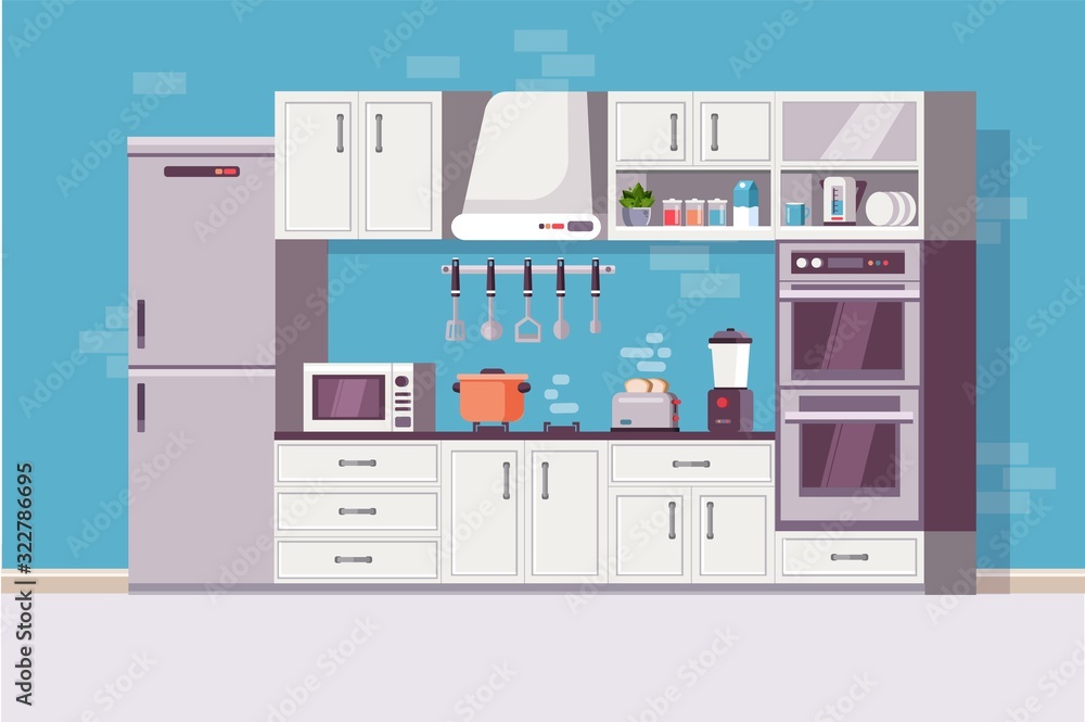 Kitchen cozy modern interior with kitchen tools and item - household equipment, microwave, blender, electric stove, kettle, dishes, refrigerator. Flat, cartoon style vector illustration.