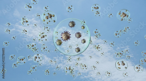 Fotografie airborn virus floating aroud in droplets on blue sky background