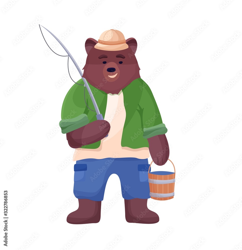 Bear character fisherman holding a bucket of fish and fishing rod