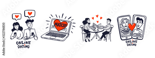Online dating set. Dating couples, mobile app, notebook, Young man and woman searching for love with a Mobile phone application. doodle style line vector illustration.