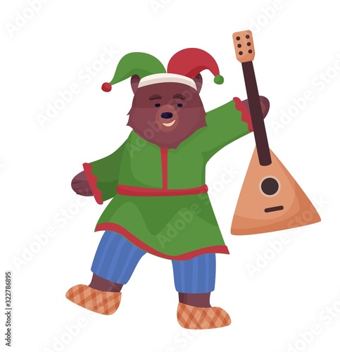 The animal character is brown, a bear in the national costume of Russia and bast shoes is dancing with a balalaika. Vector illustration in a flat, cartoon style.