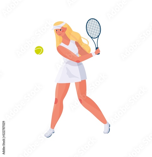Cute girl with long hair in a sports uniform plays tennis on a white background in the hands of rackets and a tennis ball.